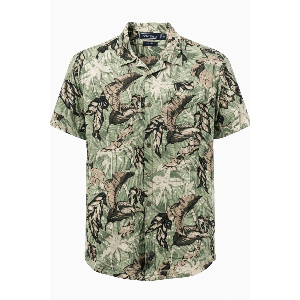 Consensus Hawaiian Shirt Mens XLT Green Tropical Leaf Button Front Camp Aloha